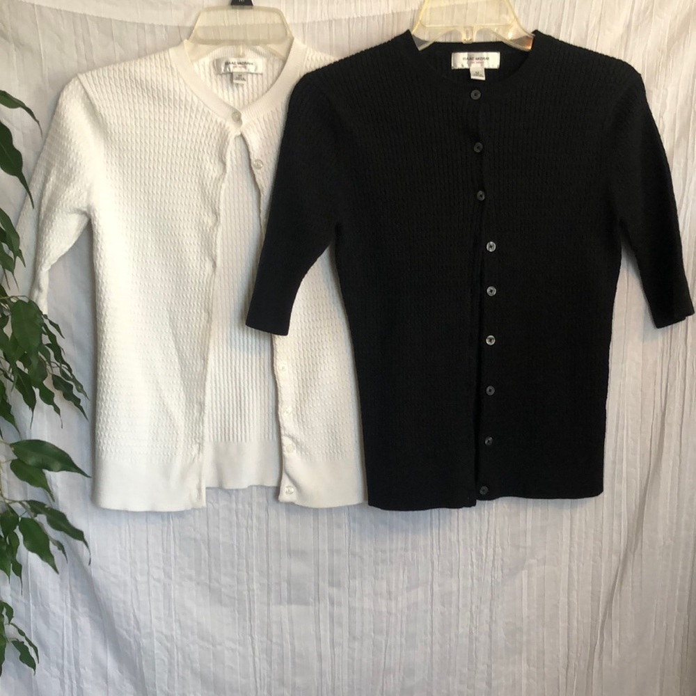 ISAAC MIZRAHI size M 2 black & white short sleeve button down sweater cardigans - Picture 1 of 10